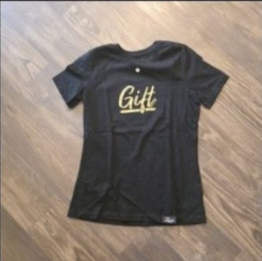 Gift Tee | Black & Gold photographed on wood floor