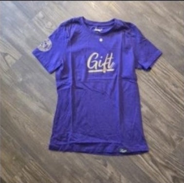 Gift Tee | Purple & Gold photographed on wood floor