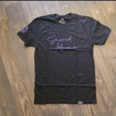 Sacred Mama Tee | Black & Purple photographed on wood floor